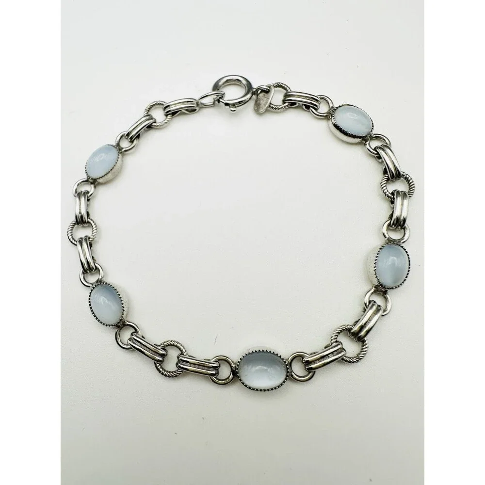 Vintage Sterling Silver Real Cabochon Opalite Bracelet 7.25”